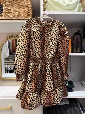 Janie and Jack Leopard Print Long Sleeve Ruffle Dress - Brown and Black